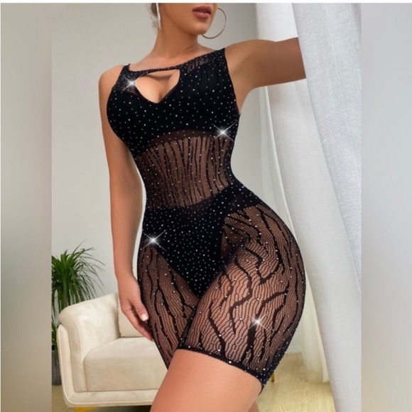 BLACK MESH RHINESTONE BODYSTOCKING BODYSUIT ROMPER LINGERIE - Picture 4 of 8